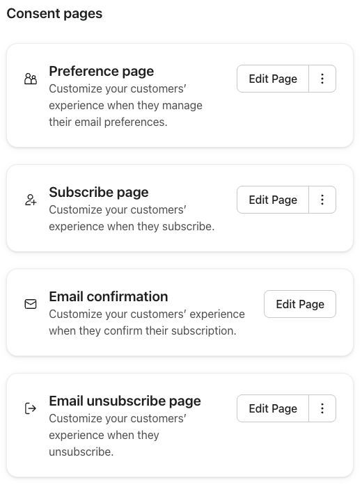 The account’s default consent pages, with the available page groups and Edit Page controls.
