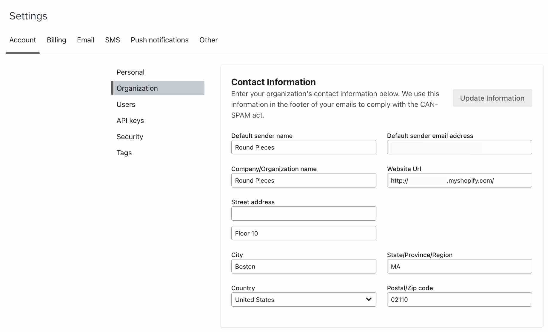 Organization tab in account settings, where you can update the default sender name and email address