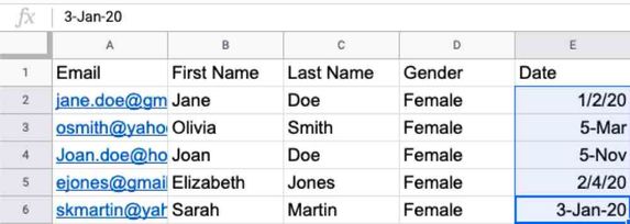 A set of data in Google Sheets with dates