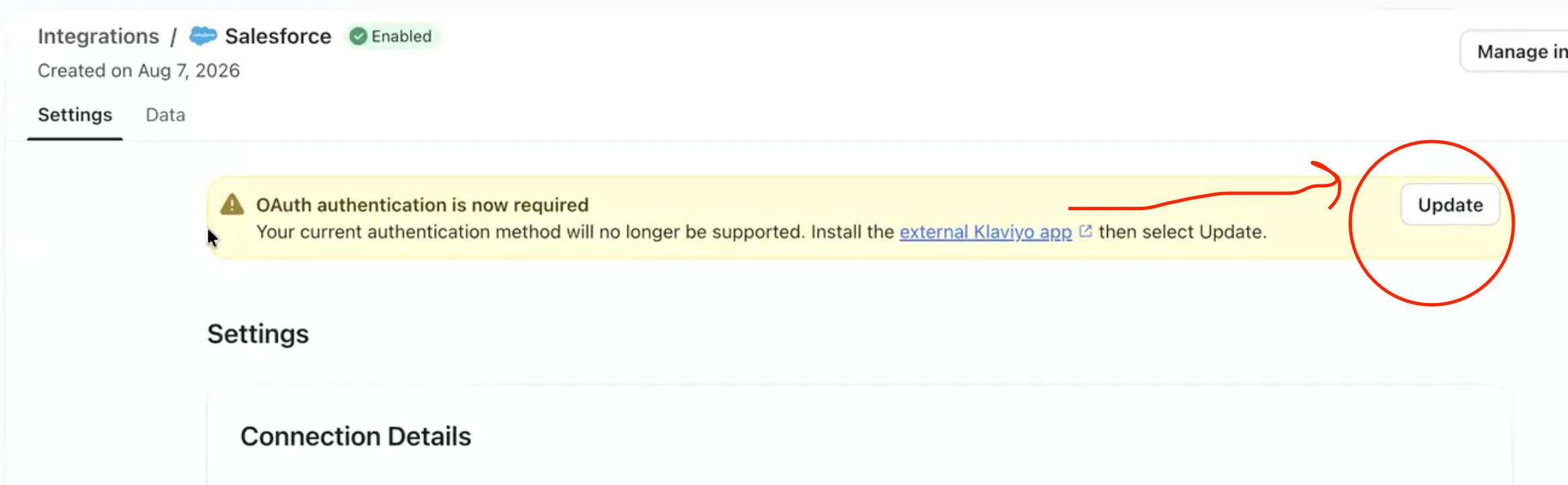 A warning on an integration settings page indicates OAuth authentication is now required for Salesforce, prompting the user to install the external Klaviyo app and click 'Update'.