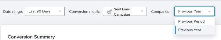 View of the comparison dropdown on the upper right side open showing options to compare data by previous period or year