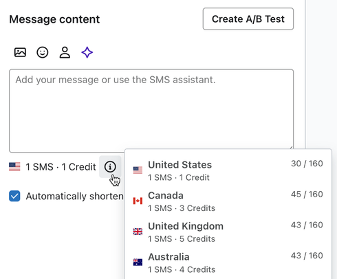 A menu displaying the credit counts for several countries