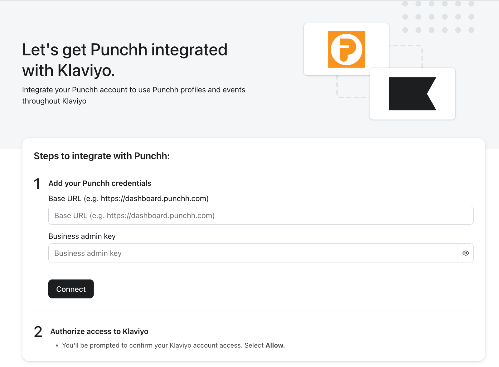 A web page showing steps to integrate Punchh with Klaviyo, including fields for Punchh credentials and logos for both services.