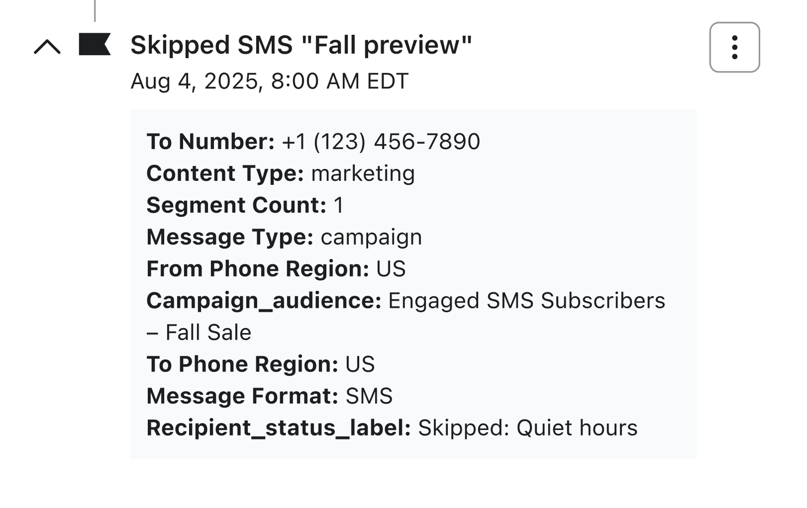 Screenshot showing details of a "Skipped SMS Fall preview" marketing message, noting it was skipped due to quiet hours.