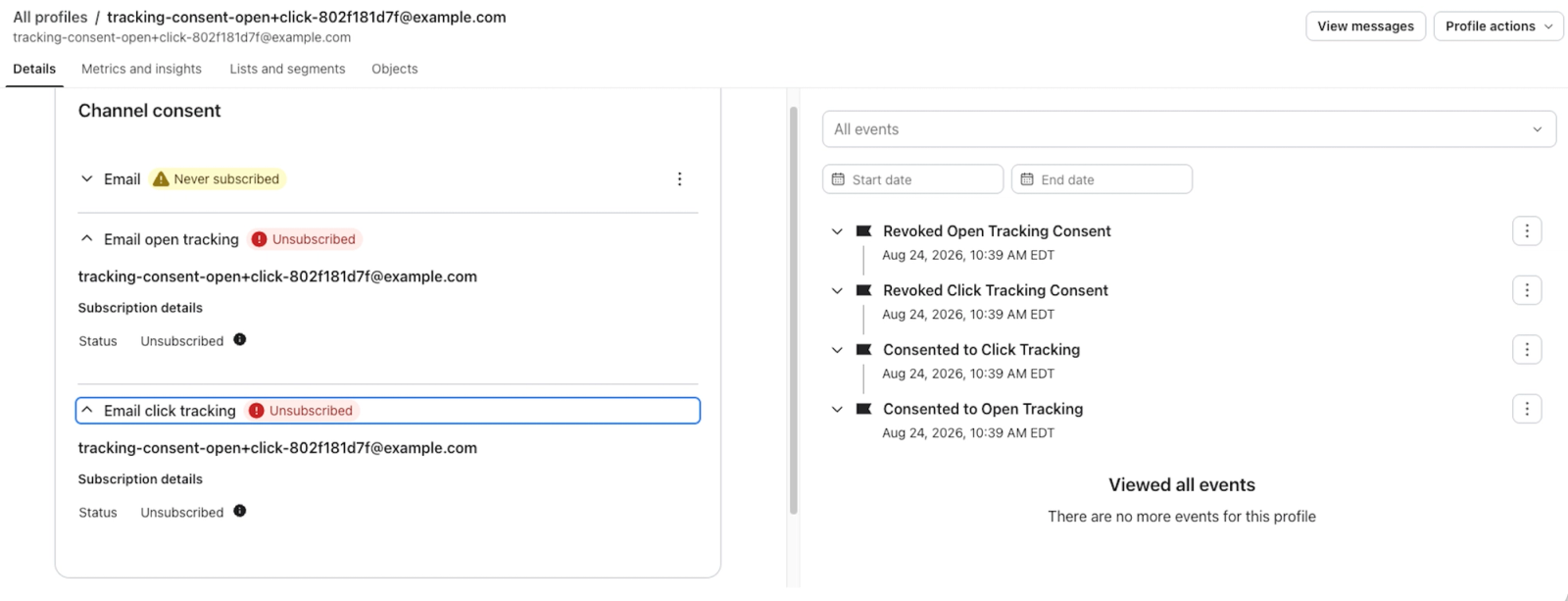 A profile’s Channel consent panel showing an Email click tracking row with a status of Unsubscribed.