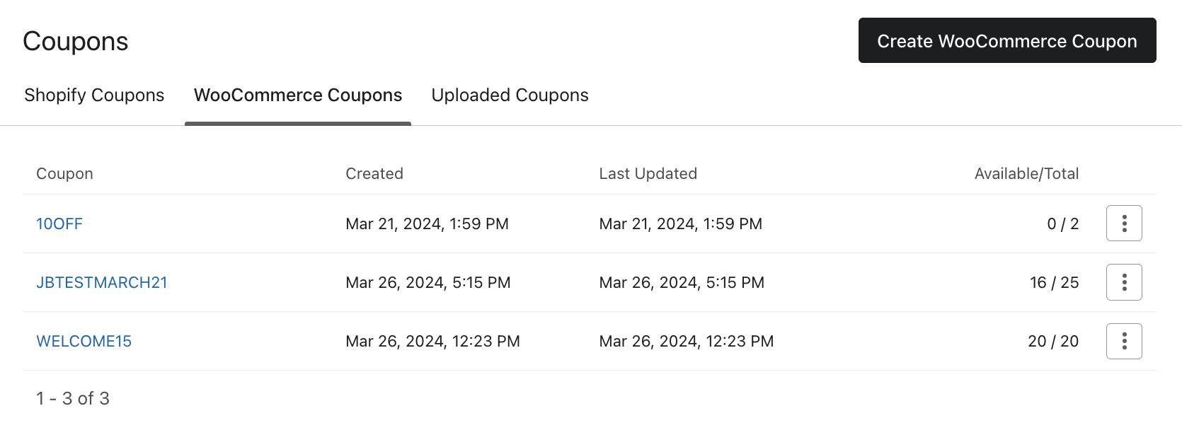 The WooCommerce Coupons tab in Klaviyo showing 3 pre-existing WooCommerce coupons and the button to Create WooCommerce Coupon.