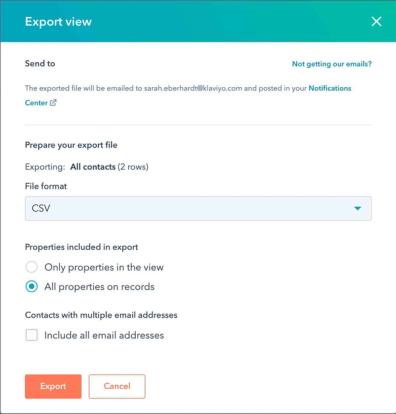 Export view in Hubspot with Export with orange background
