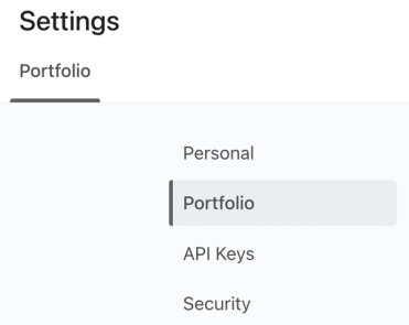 Settings page, highlighting the Portfolio tab