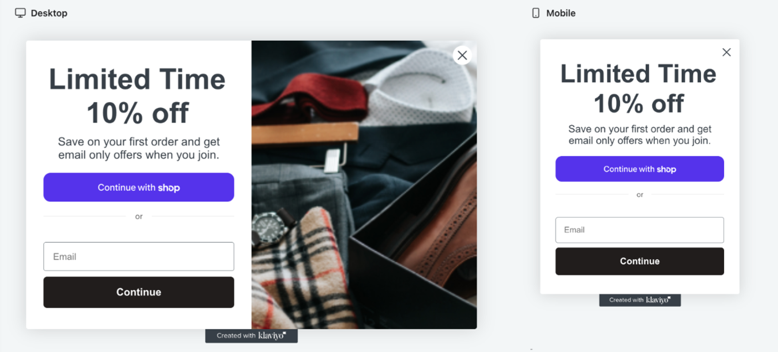 A popup sign-up form on desktop and mobile, with a Continue with Shop button above an “or” divider, an email field, and a Continue button.