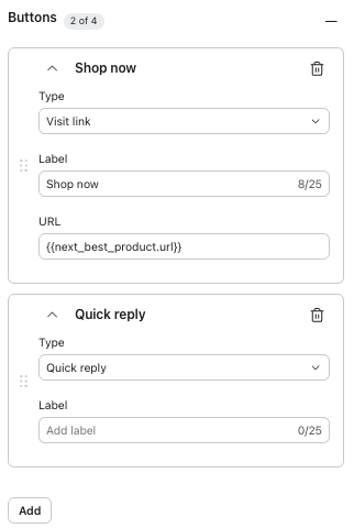 UI for configuring two buttons: 'Shop now' (a visit link with a URL) and 'Quick reply' (a quick reply type).