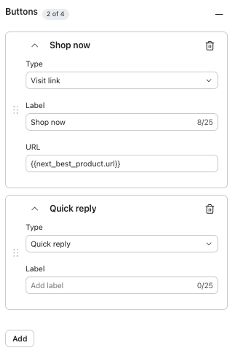 UI for configuring two buttons: 'Shop now' (a visit link with a URL) and 'Quick reply' (a quick reply type).