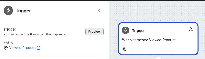 Barra laterale sinistra che mostra quando il trigger di un flusso viene cliccato nel costruttore di flussi.
