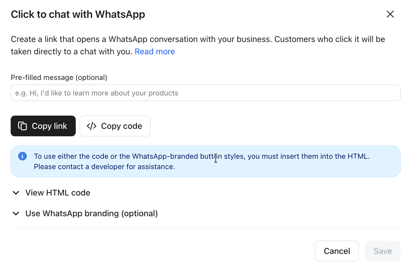 Modal to configure your click-to-chat WhatsApp link