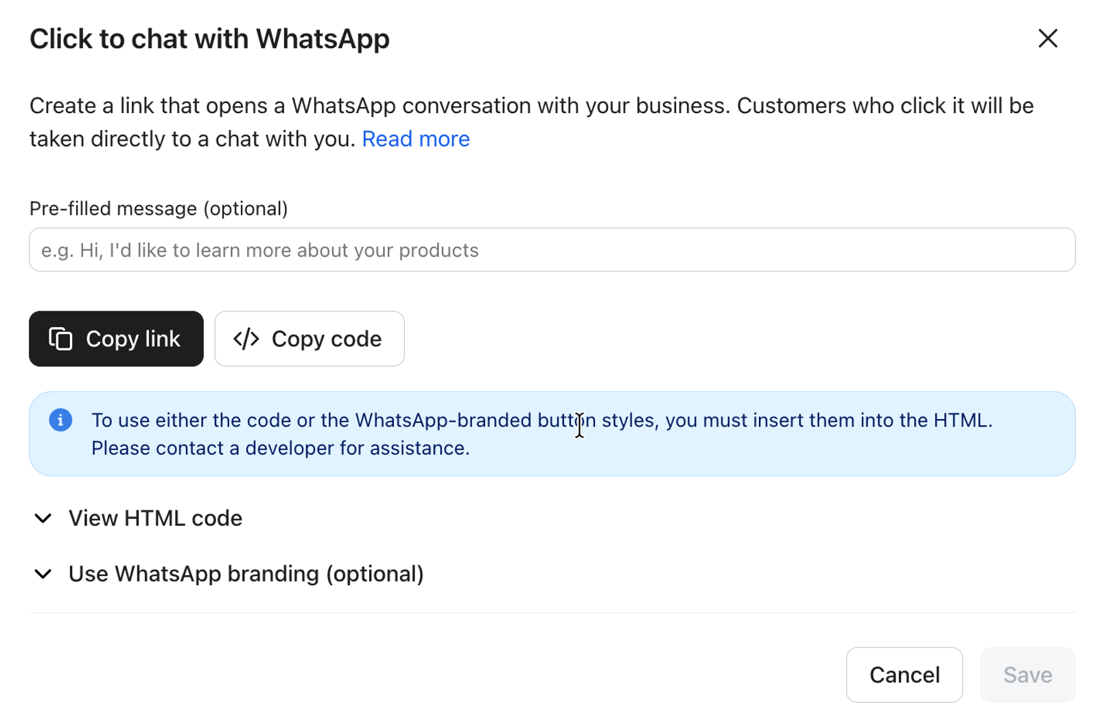 Finestra modale per configurare il tuo link WhatsApp "clicca per chattare"