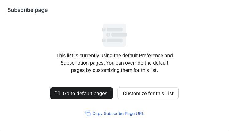 The Subscribe page section on a list’s Sign-up forms tab with Copy Subscribe Page URL.