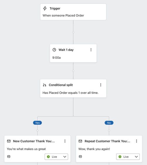 Example flow with Placed Order trigger and a conditional split that checks 'Has Placed Order equals 1 over all time'
