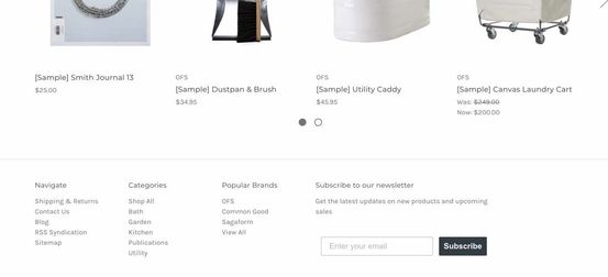 A BigCommerce storefront showing sample products and an email subscription form in the site footer