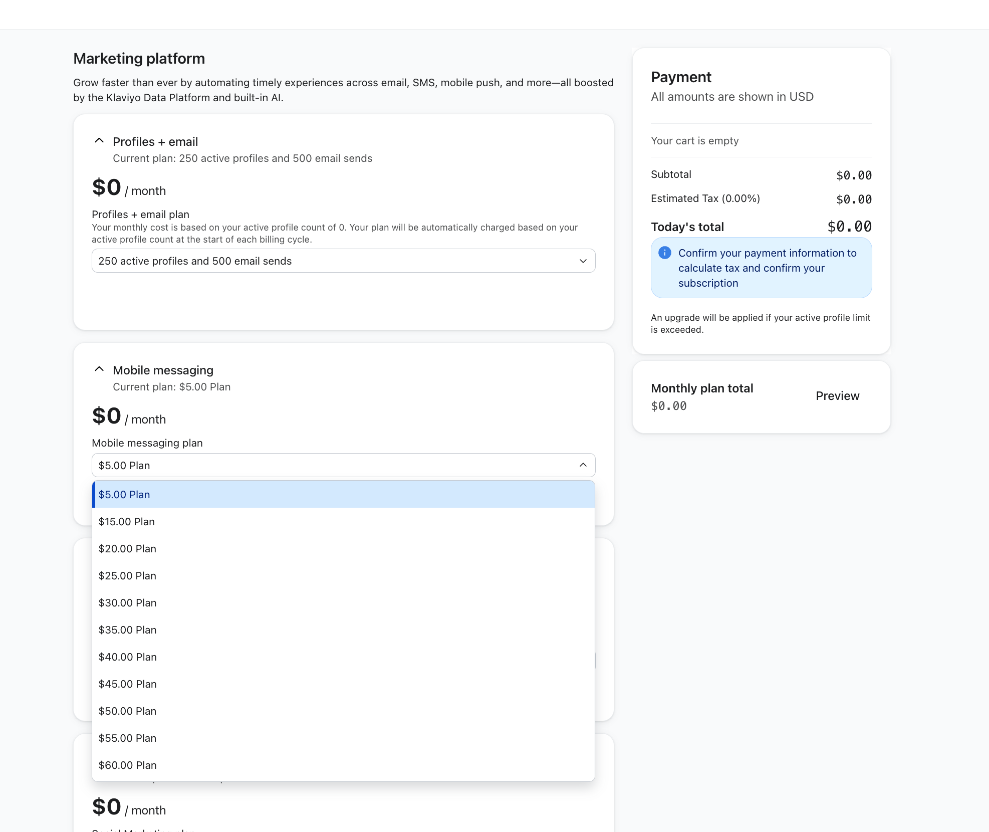 A Klaviyo subscription page with $0/month 'Profiles + email' and 'Mobile messaging' plans, an open dropdown for mobile messaging options, and a payment summary showing a $0.00 total.