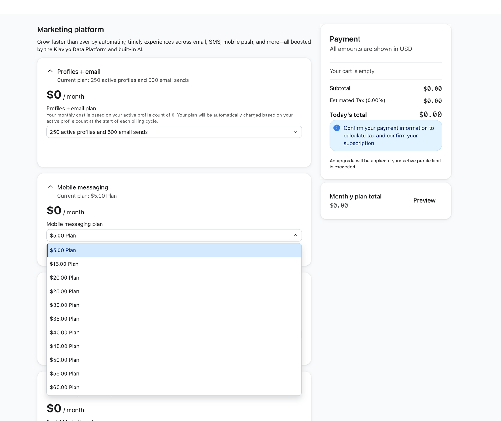 A Klaviyo subscription page with $0/month 'Profiles + email' and 'Mobile messaging' plans, an open dropdown for mobile messaging options, and a payment summary showing a $0.00 total.