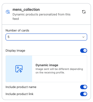 Settings interface for a dynamic product collection named 'mens_collection', showing enabled options for 5 cards, dynamic images, product names, and product links.