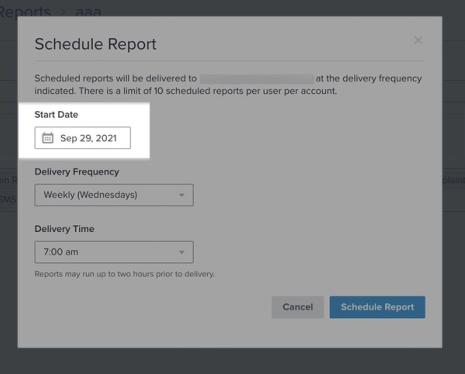 The schedule report modal with just start date calendar picker highlighted