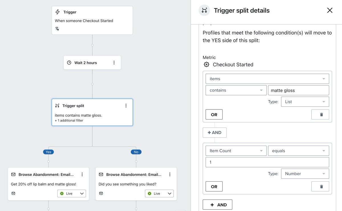 Trigger split with configuration 'Items contains matte gloss AND Item Count equals 1'