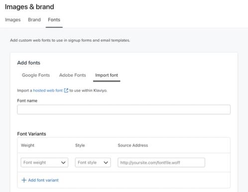 The Import font menu of the Images and branding tab within Klaviyo.