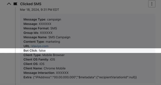 Bot click event data in Clicked SMS event