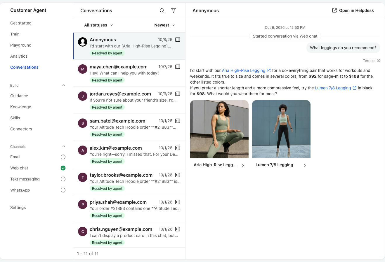 Conversations page showing the list of conversations with statuses and a selected web chat conversation