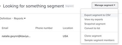 The manage segment dropdown opened with the option to export segment to CSV being selected.