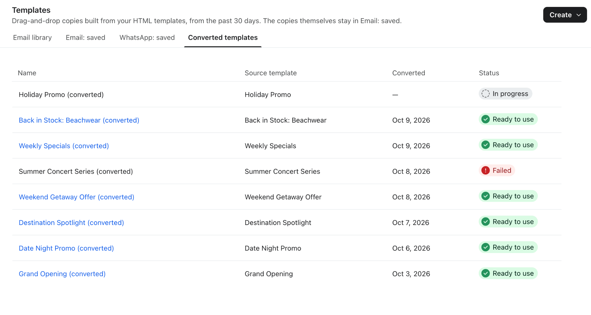 Converted templates tab with Name, Source template, Converted, and Status columns
