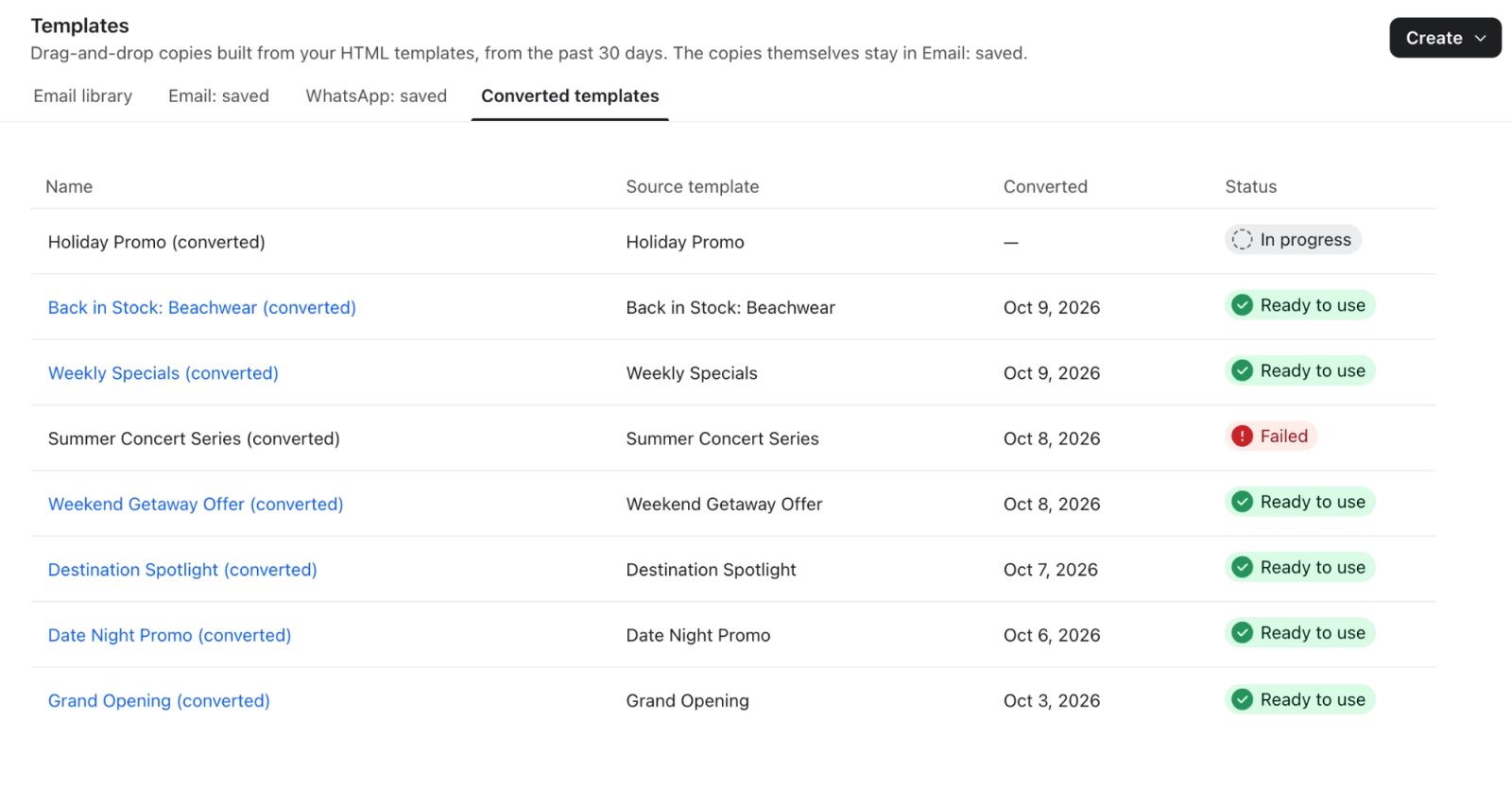 Converted templates tab with Name, Source template, Converted, and Status columns