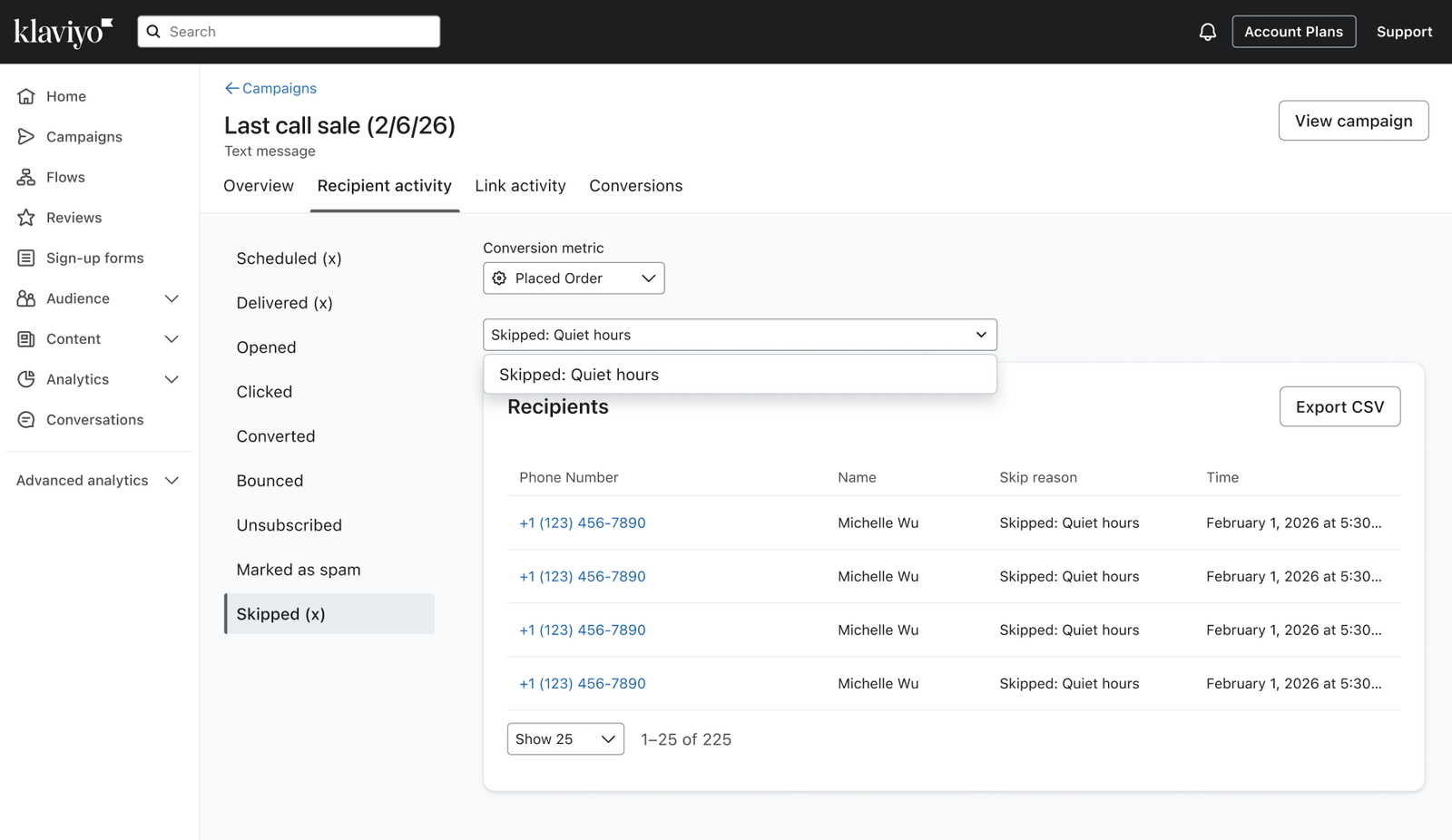 A Klaviyo dashboard showing the "Recipient activity" for a "Last call sale" campaign, with the "Skipped (x)" section highlighted, listing recipients skipped due to "Quiet hours."
