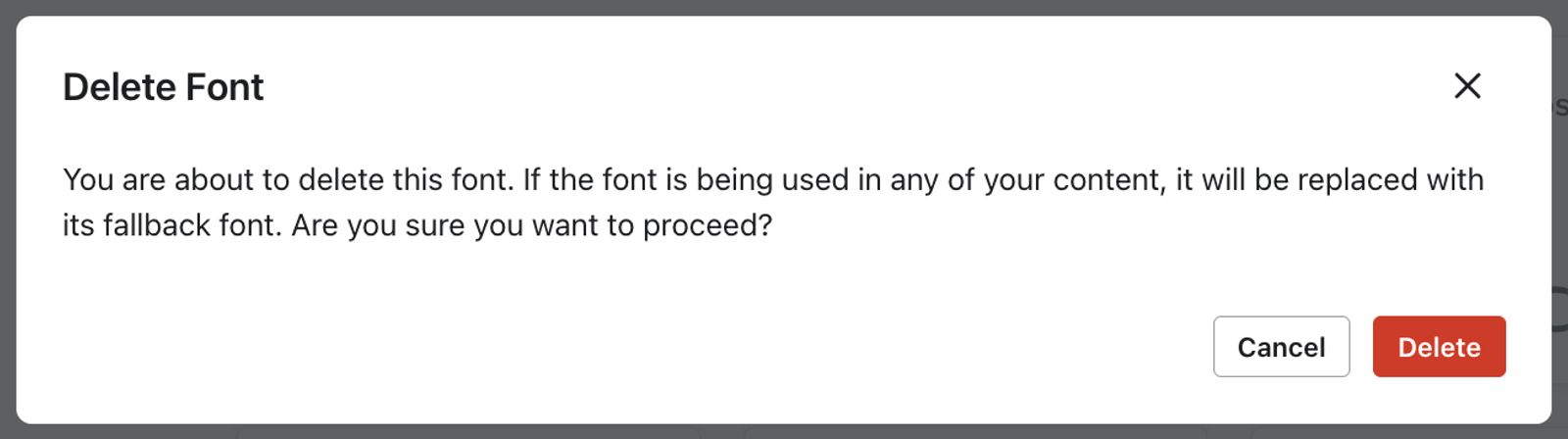 The Delete Font confirmation modal that appears when you choose to delete a font.