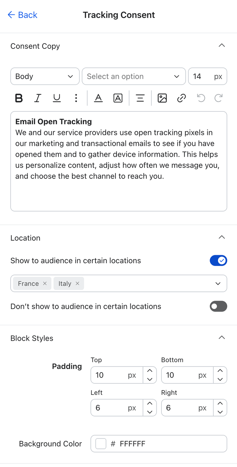 The block's Location settings, with Show to audience in certain locations turned on and France and Italy selected.
