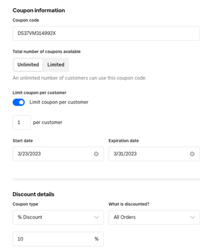 Coupon settings in Square including coupn code, type, etc