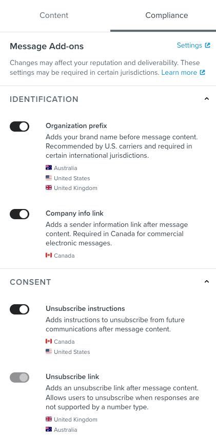 List of various compliance options, including icons to indicate which countires apply to each option