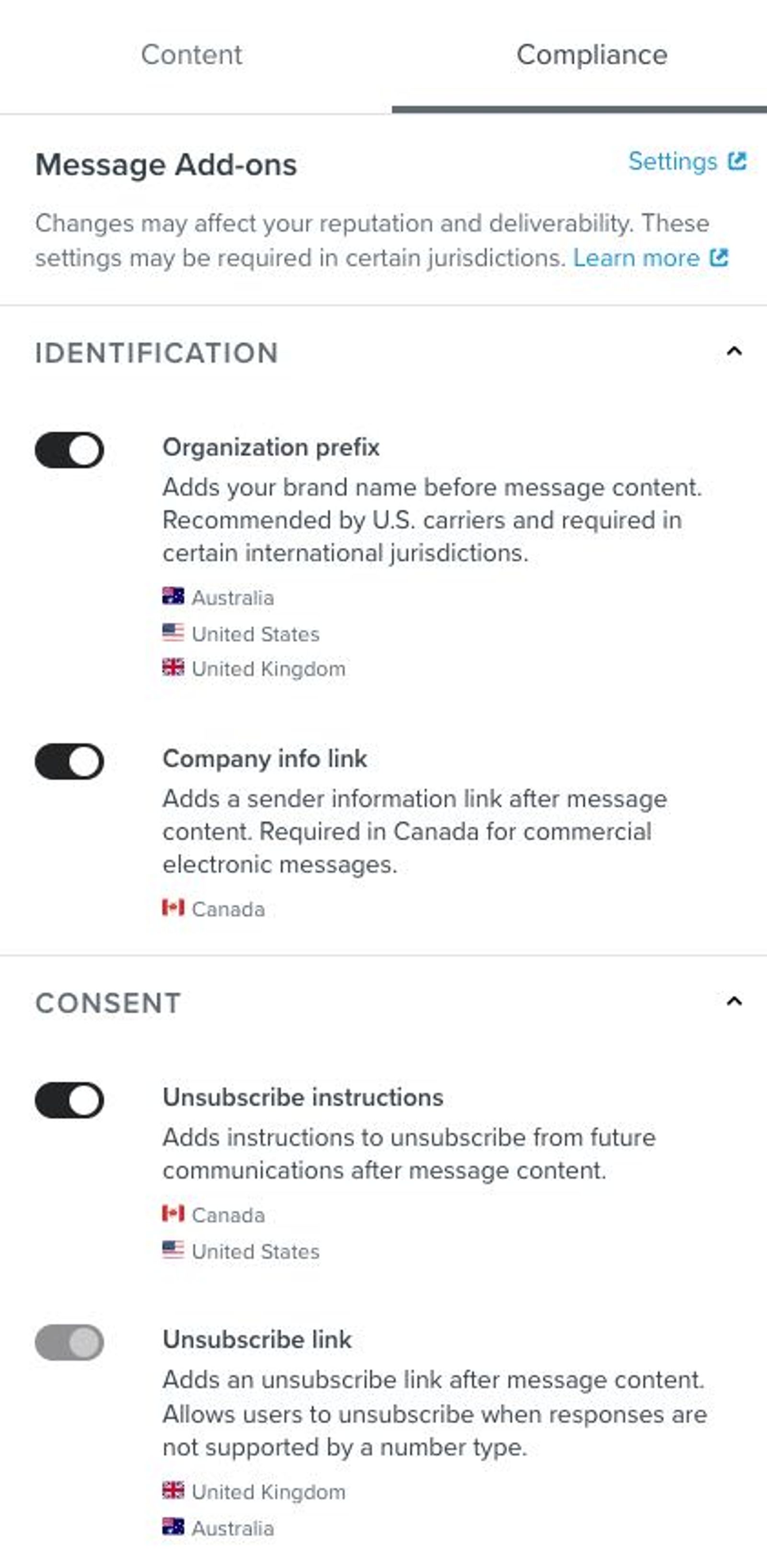 List of various compliance options, including icons to indicate which countires apply to each option