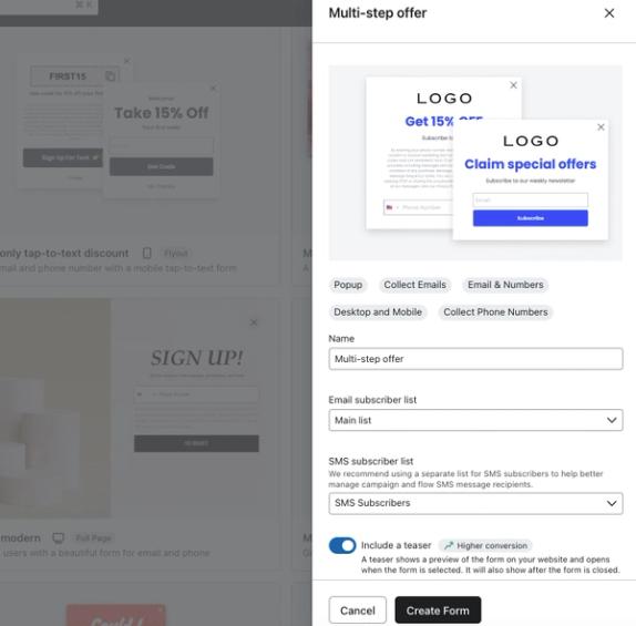 The creation menu for a new form template where you can choose the name and subscriber lists for a new form.