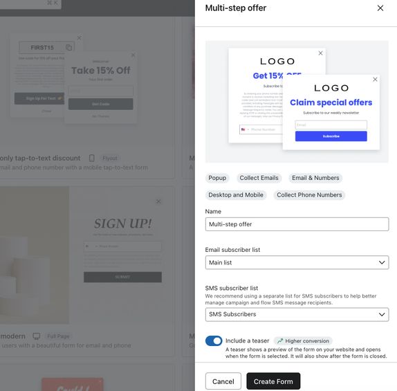 The creation menu for a new form template where you can choose the name and subscriber lists for a new form.