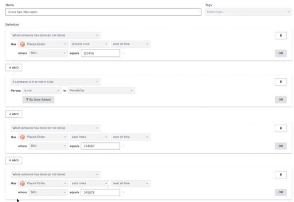 Cross-sell segment in Klaviyo segment builder