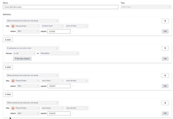 Cross-sell segment in Klaviyo segment builder