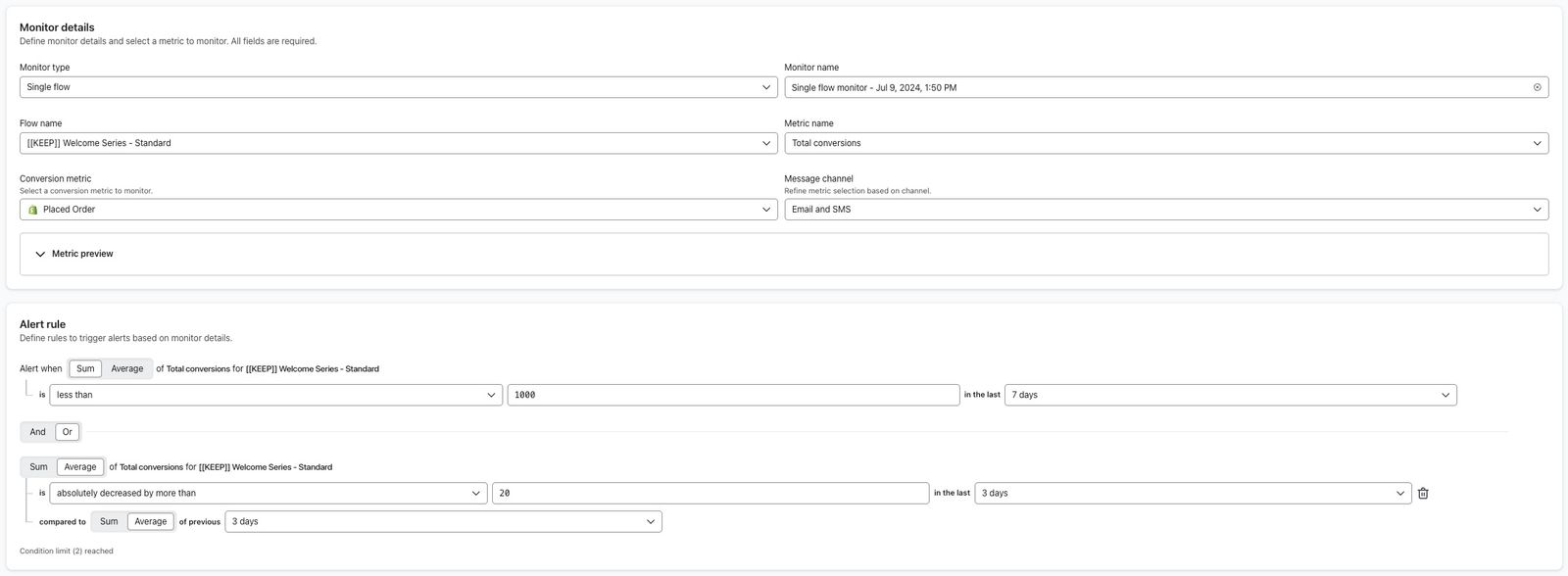 Example alert rule for monitoring flow conversions