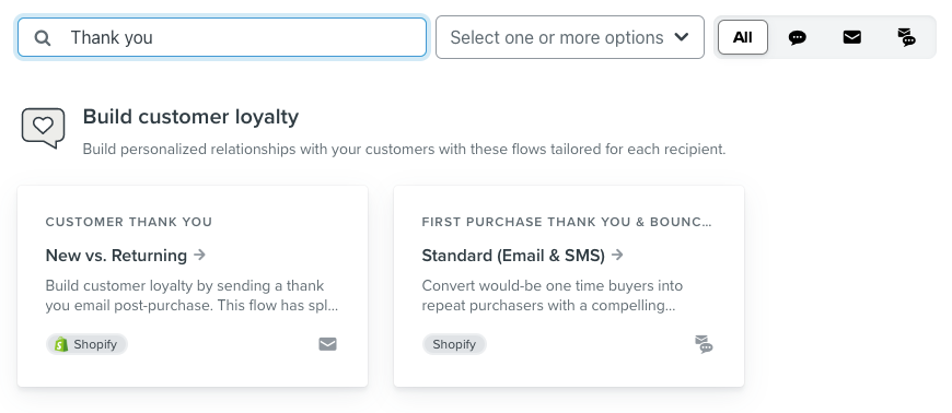 Searching for a thank you flow in Klaviyo's Flow Library                                                           