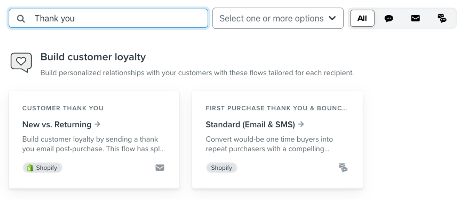 Searching for a thank you flow in Klaviyo's Flow Library                                                           