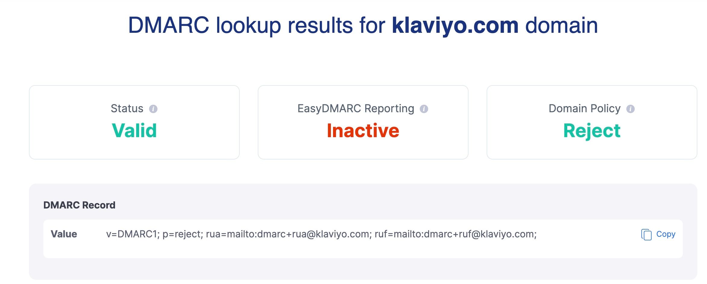 Example lookup on EasyDMARC for the klaviyo.com domain