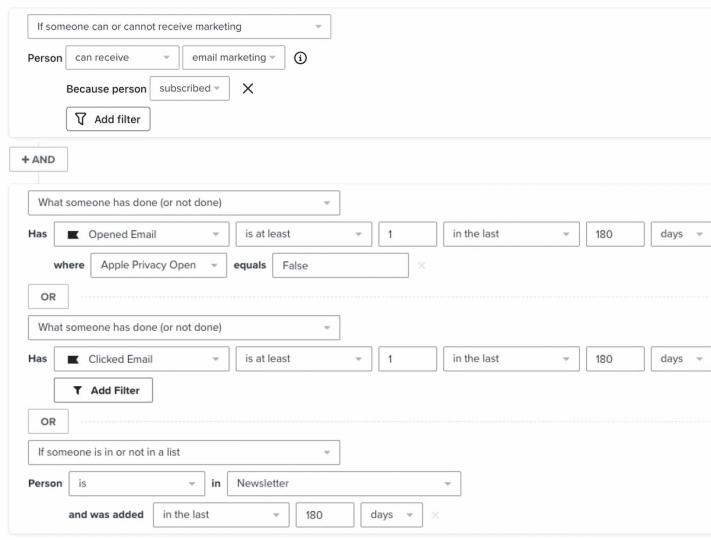 Subscribers who have opened, clicked, been added to your newsletter list in the last 180 days