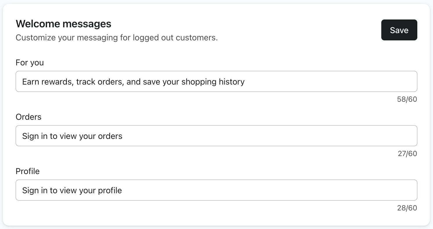 The Welcome messages menu in Customer Hub Content settings.