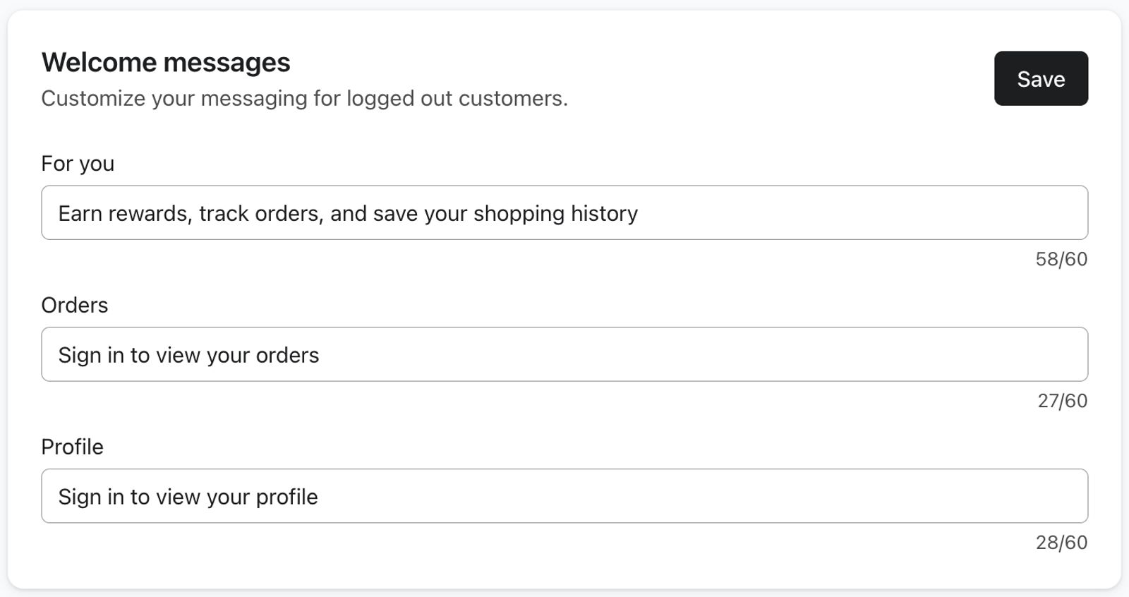 The Welcome messages menu in Customer Hub Content settings.