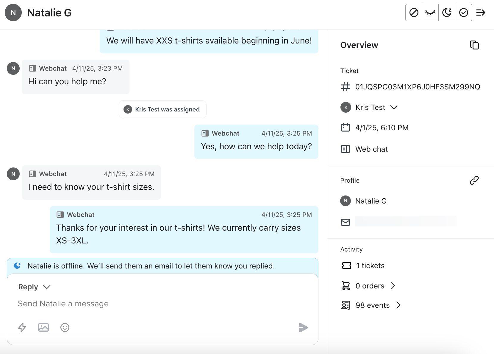 An example web chat ticket open in the Klaviyo inbox showing an active conversation and the profile details panel open.